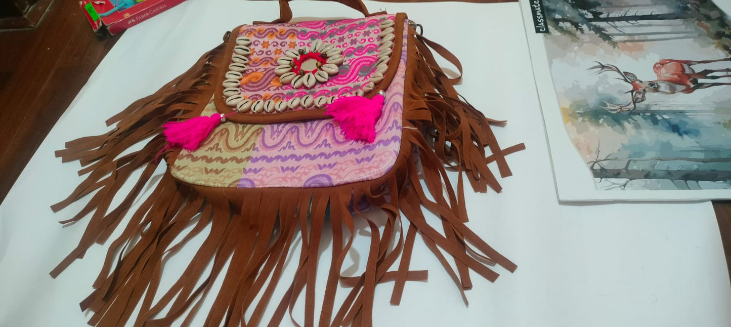 Pink Mirror Patchwork Backpack with Cowrie Shells – Boho Ethnic Bag | 11×10×3″