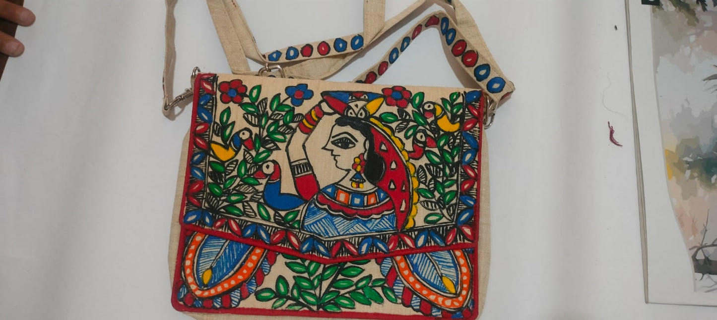 Madhubani Woven Two Peacock Sling Bag