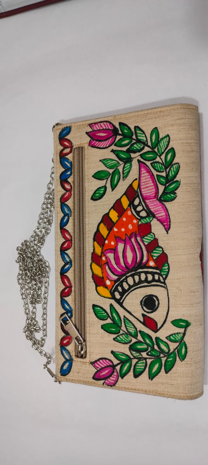 Madhubani Two Fish Canvas Clutch with Silver Chain & Zip Closure