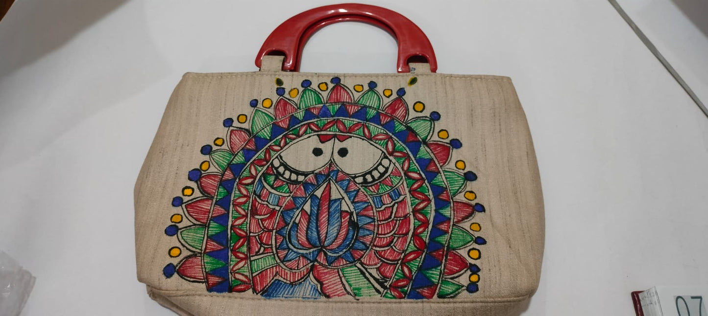 Madhubani Hand-Painted Pair of Fish Silk Bag with Wooden Handles