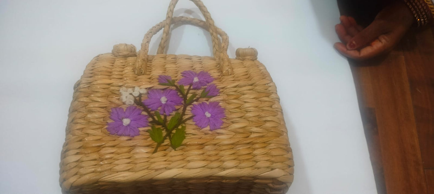 Kauna Grass Hand Bag with Lavender Floral Embroidery – Medium Stiff Structured Handbag