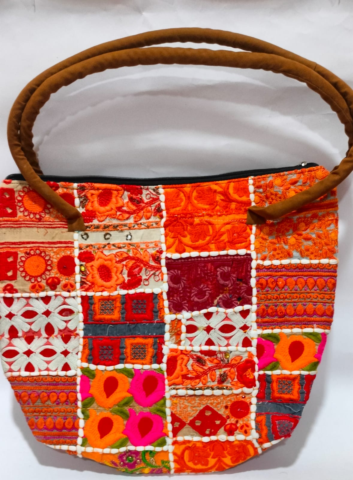 Orange Patchwork Banjara Shells Canvas Tote Bag with Orange Tassels – Boho Zipper Shoulder Bag