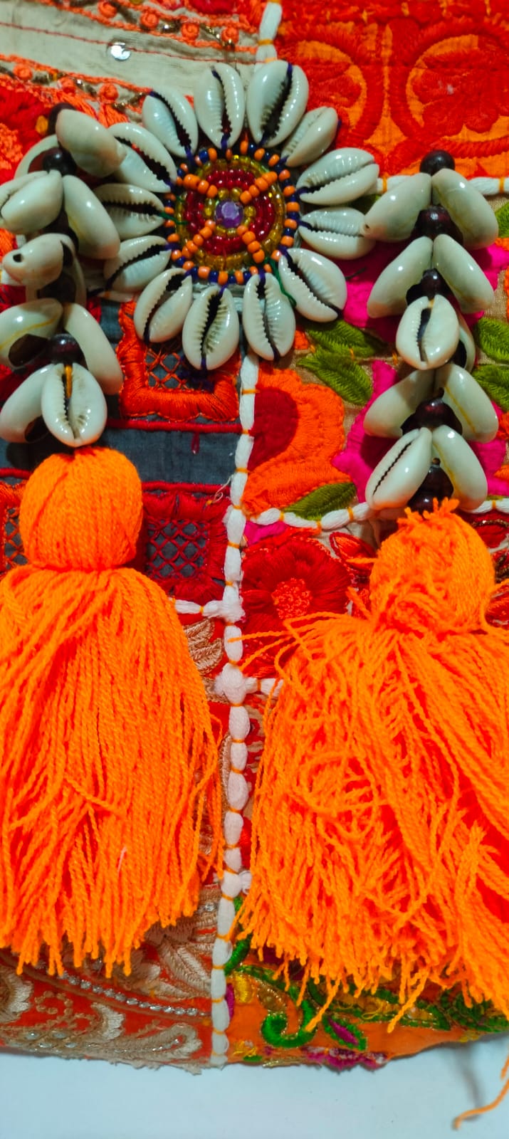 Orange Patchwork Banjara Shells Canvas Tote Bag with Orange Tassels – Boho Zipper Shoulder Bag