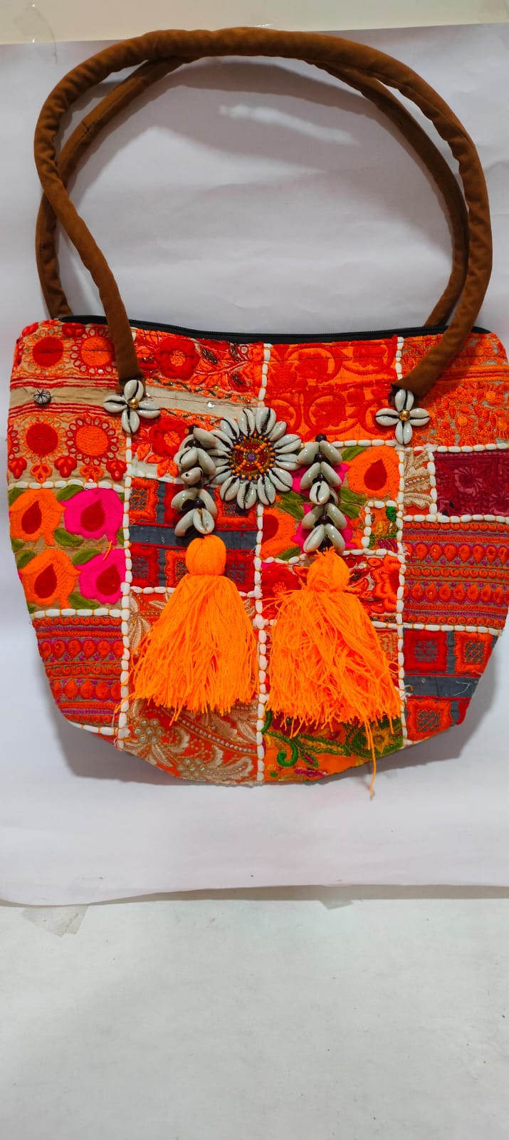 Orange Patchwork Banjara Shells Canvas Tote Bag with Orange Tassels – Boho Zipper Shoulder Bag