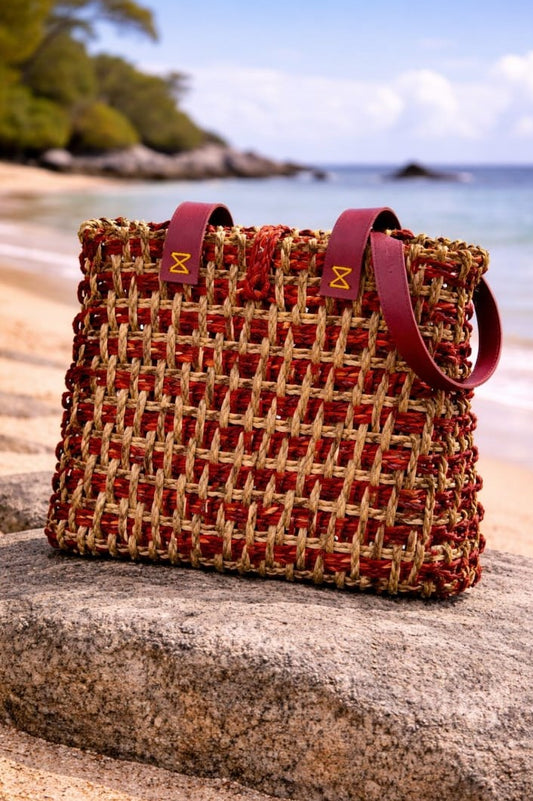 Beige Maroon Grass Handmade Tote Bag