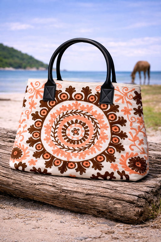 Suzani Embroidered Canvas Tote Bag – Expandable Bohemian Handcrafted Shoulder Bag