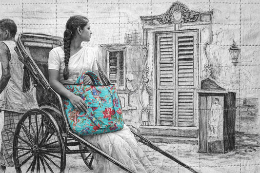 Turquoise  Calcutta  Kantha Stitch Cotton Tote Bag