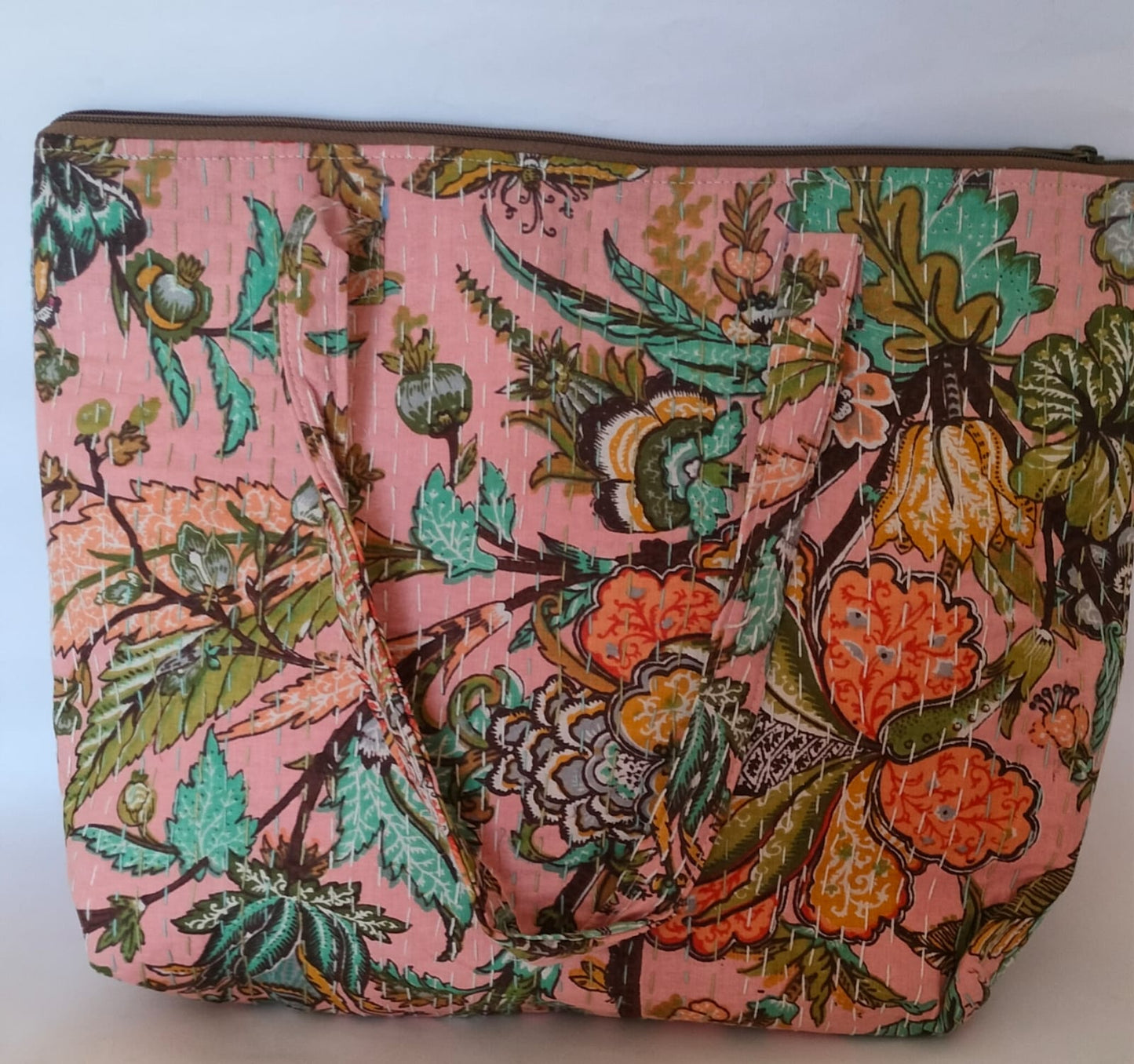 Blush Kolkatta Floral  Kantha Stitch Cotton Tote Bag –