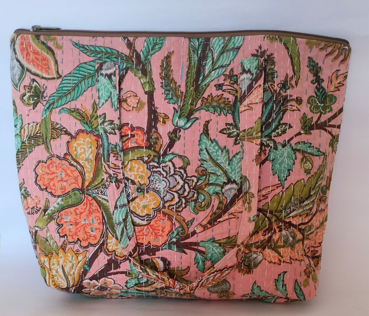 Blush Kolkatta Floral  Kantha Stitch Cotton Tote Bag –