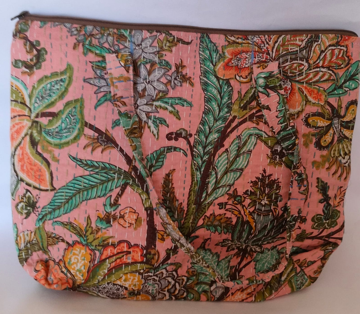 Blush Kolkatta Floral  Kantha Stitch Cotton Tote Bag –