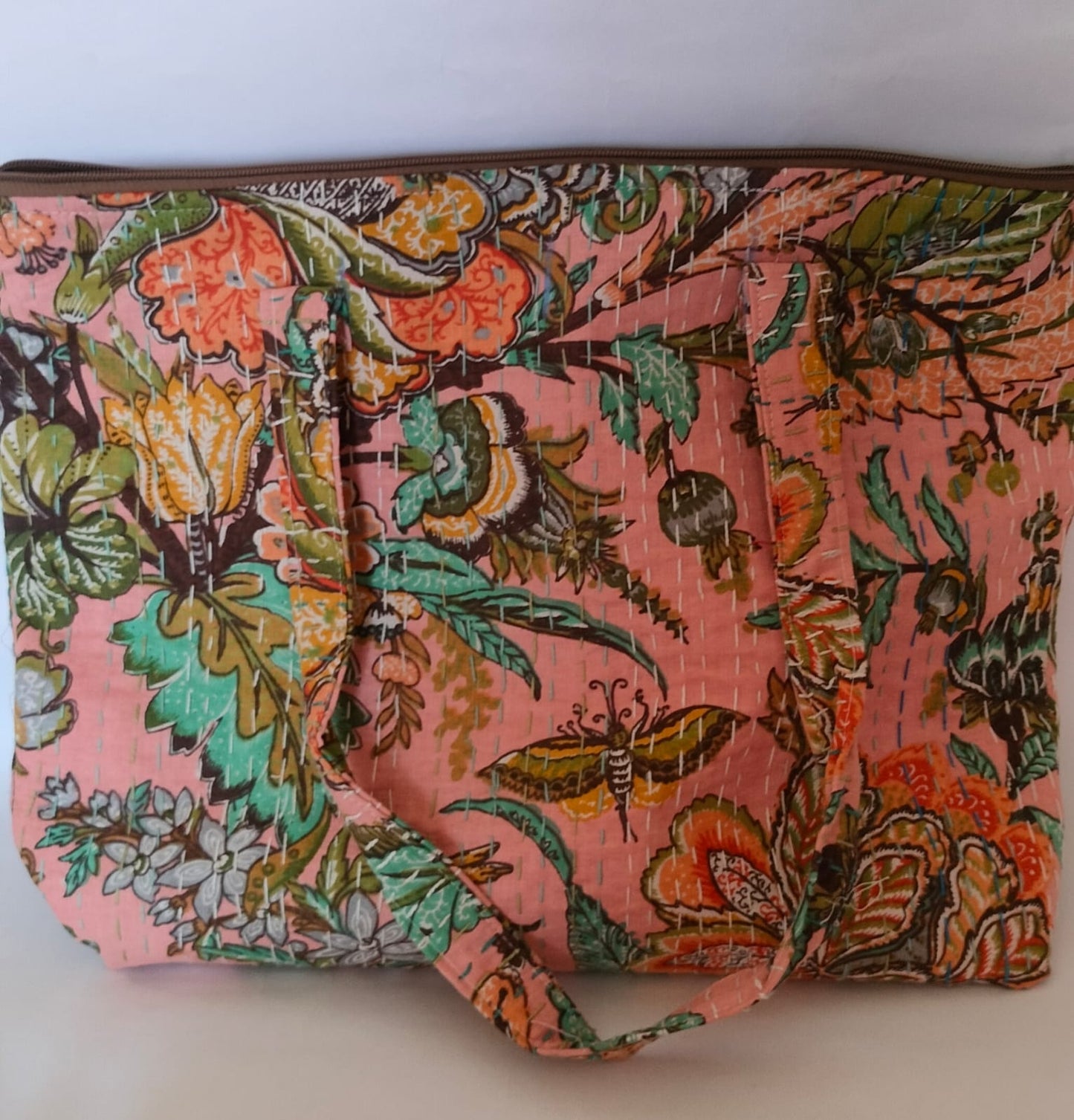 Blush Kolkatta Floral  Kantha Stitch Cotton Tote Bag –