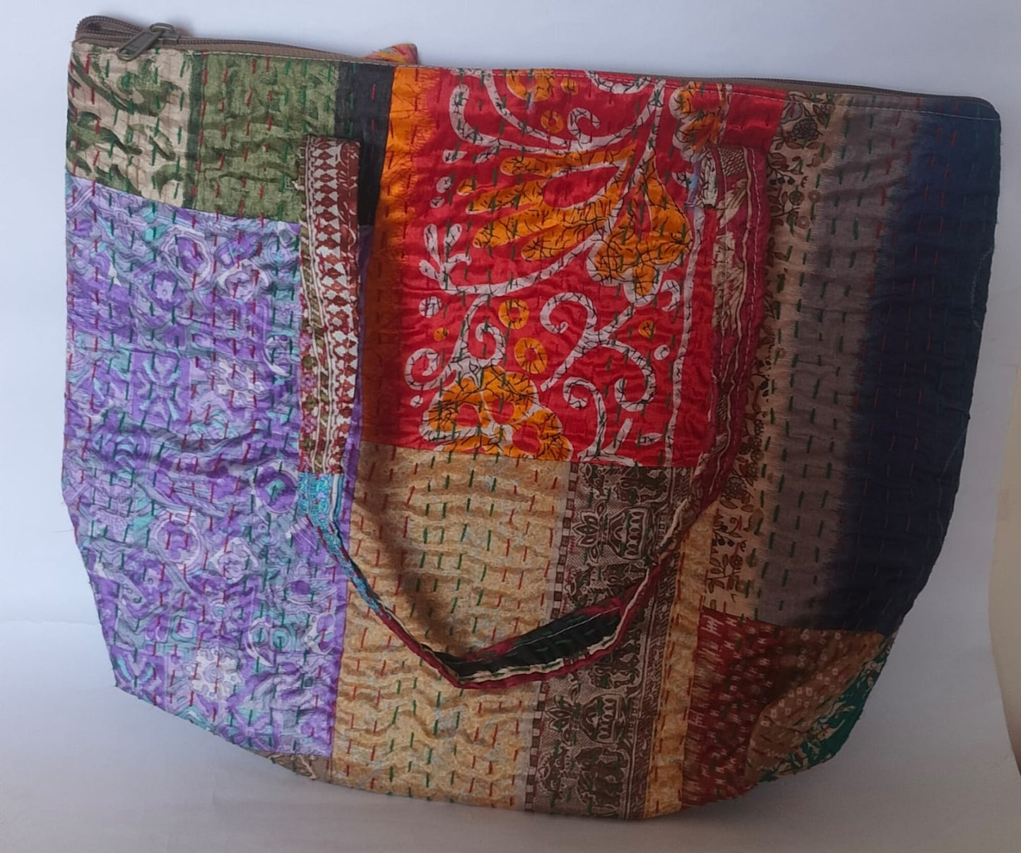 Patchwork Kolkatta Red and Beige  Kantha Stitch Cotton Tote Bag –