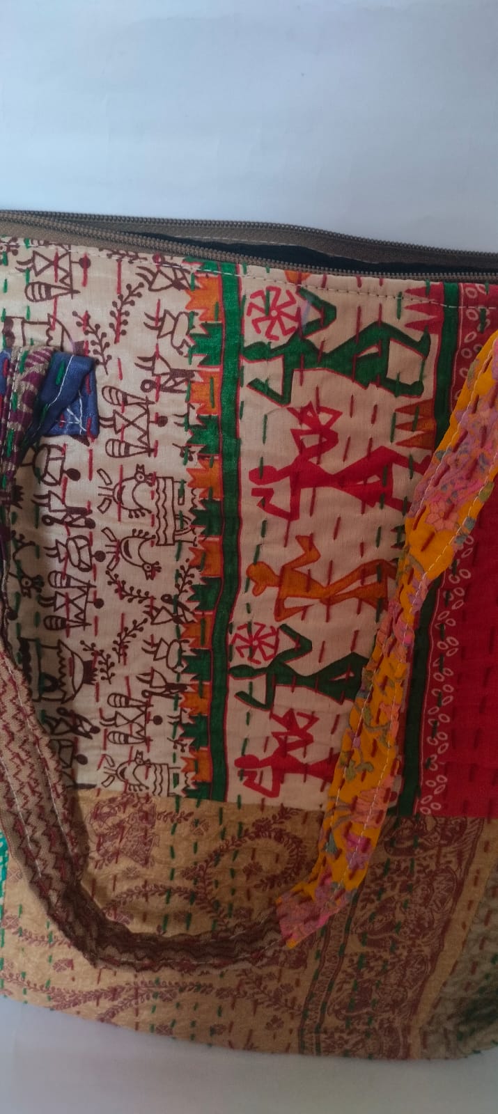 Patchwork Kolkatta Red and Beige  Kantha Stitch Cotton Tote Bag –