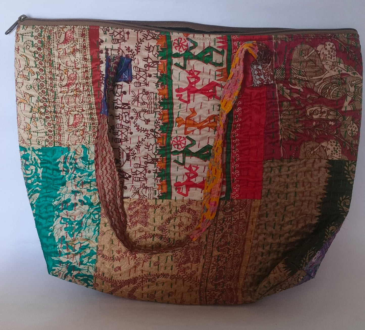 Patchwork Kolkatta Red and Beige  Kantha Stitch Cotton Tote Bag –