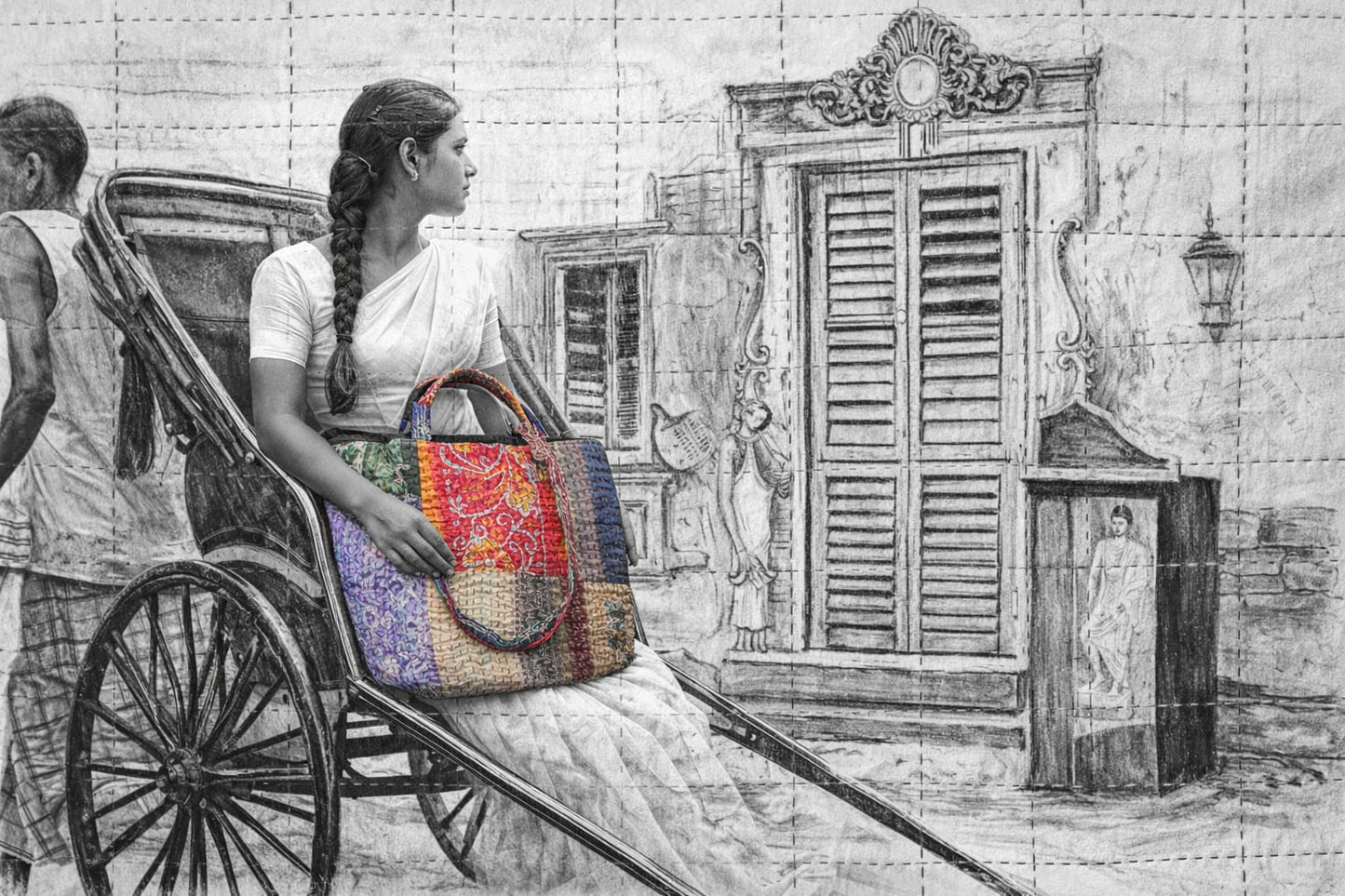 Patchwork Kolkatta Royal Blue Beige  Kantha Stitch Cotton Tote Bag –