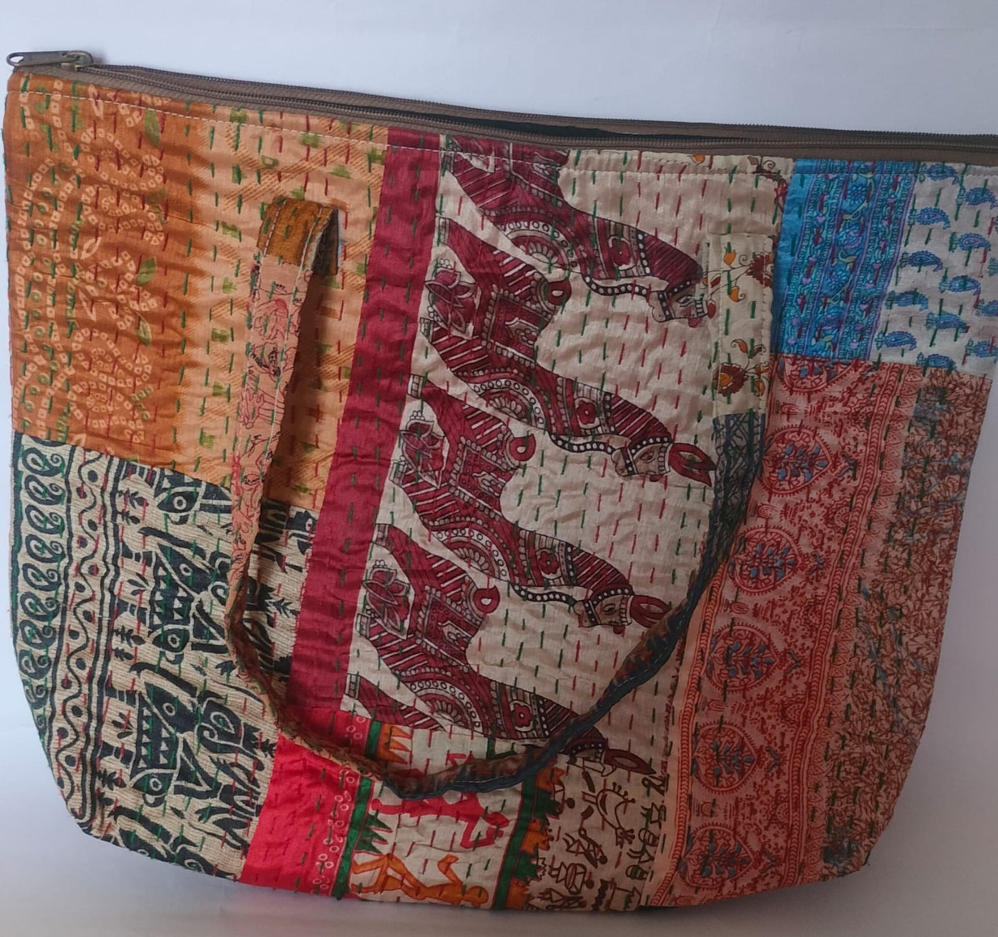 Patchwork Kolkatta Royal Blue Beige  Kantha Stitch Cotton Tote Bag –