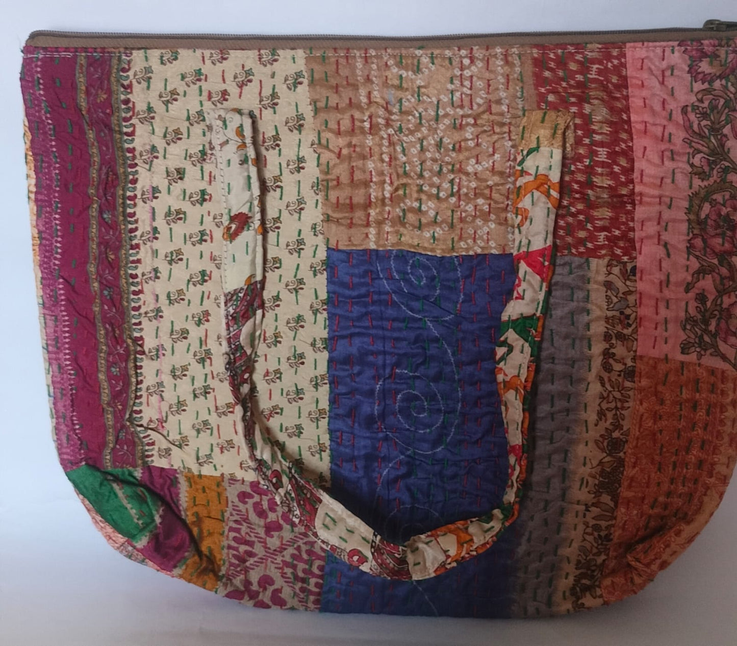 Patchwork Kolkatta Royal Blue Beige  Kantha Stitch Cotton Tote Bag –