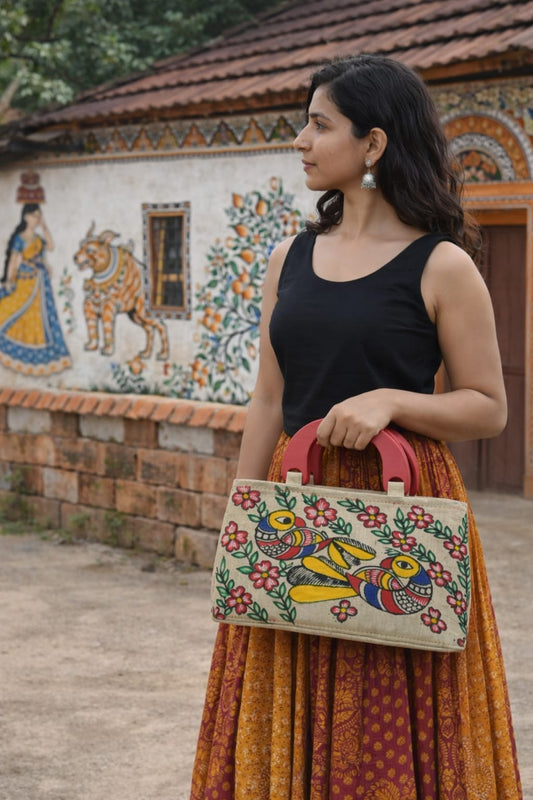 Madhubani 2 Birds Painted Statement Bag
