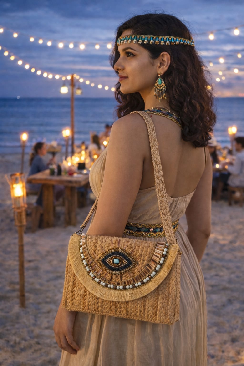 Light Brown Boho Evil Eye Handwoven Bag