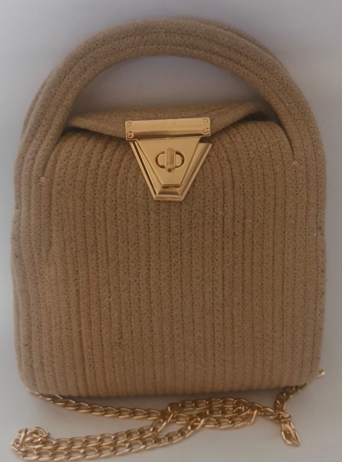 Natural Beige Cotton Rope Mini Sling Bag (Gold Chain)