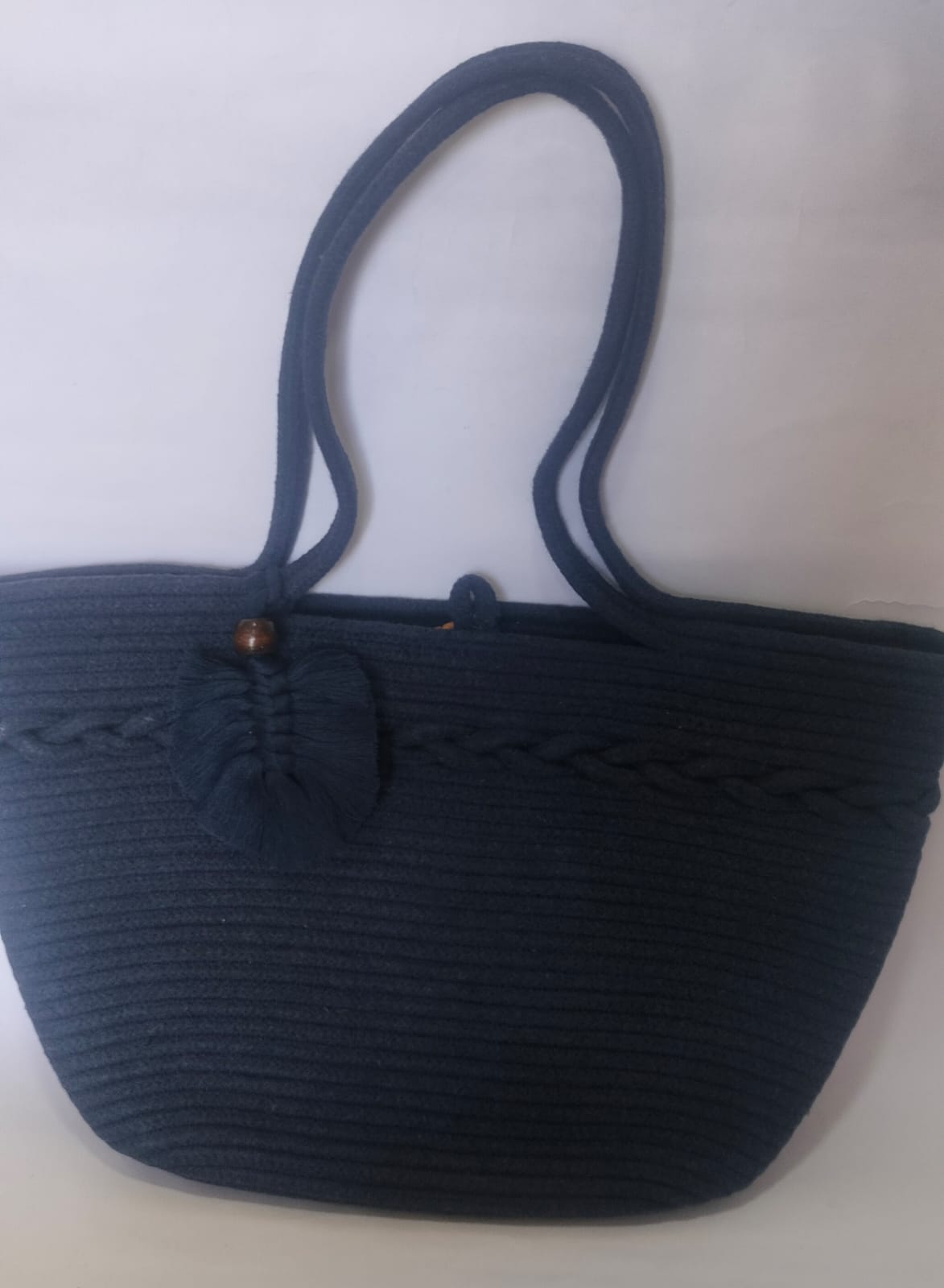Navy blue Cotton Rope Shoulder Handbag – Elegant Office Tote (13” x h 9.5”)