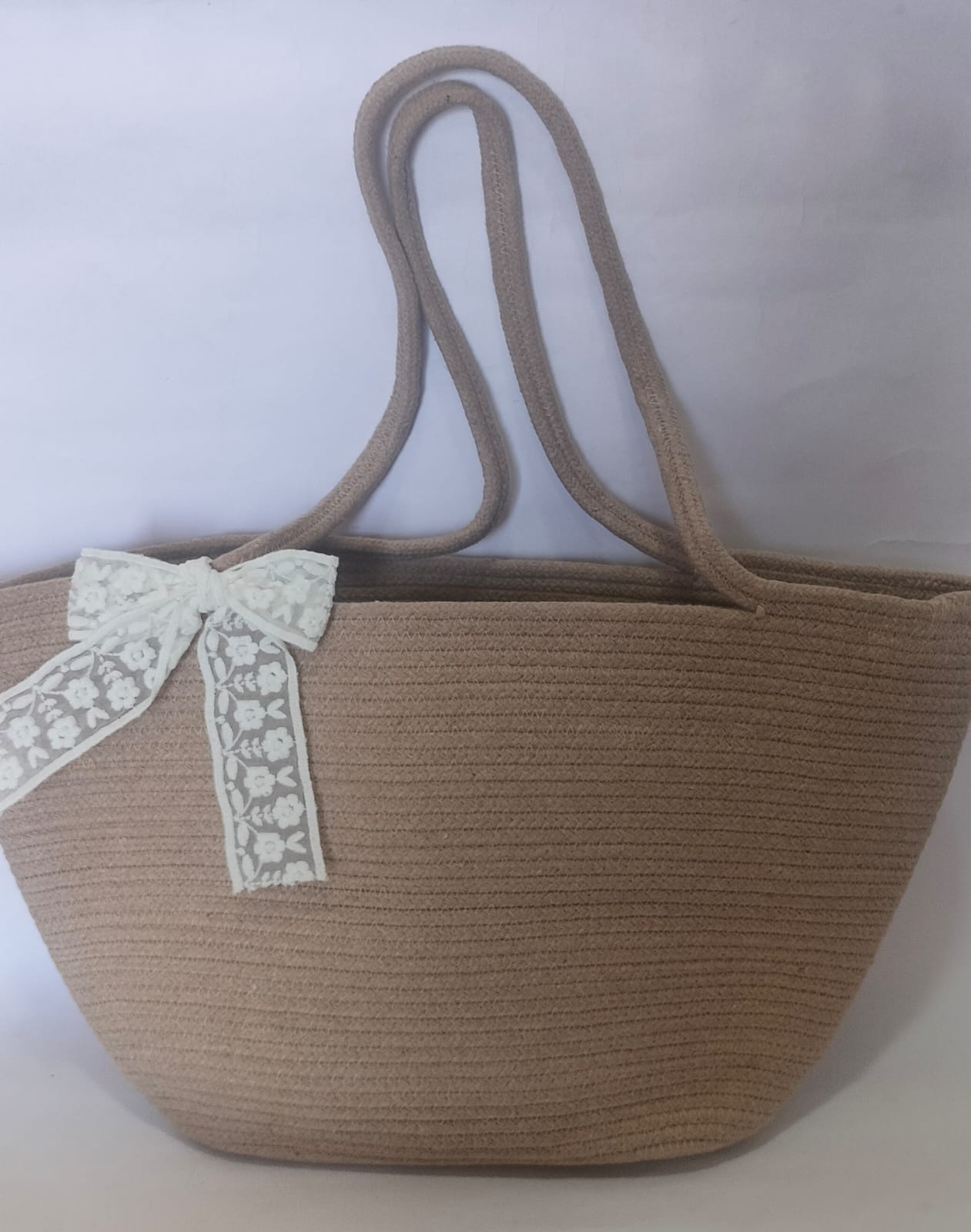 Elegant Beige Cotton Rope Tote Bag with Lace Accent – Structured Office Carry