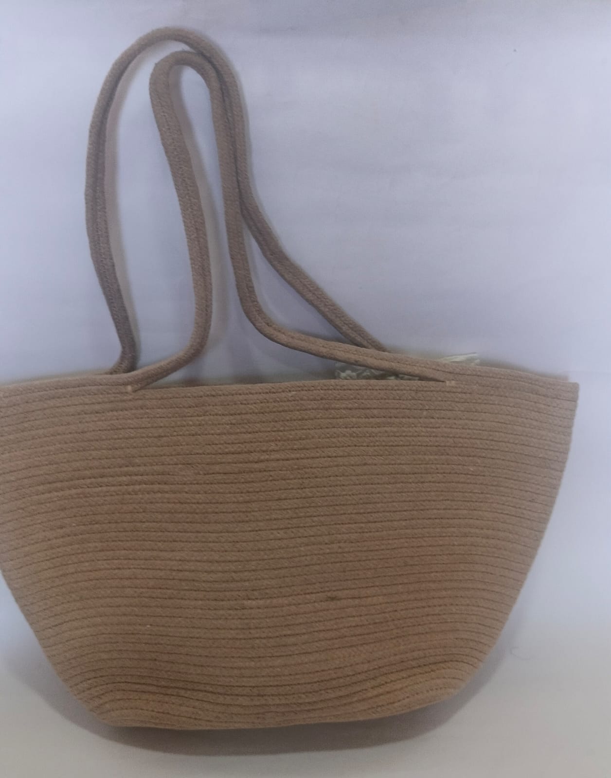 Elegant Beige Cotton Rope Tote Bag with Lace Accent – Structured Office Carry