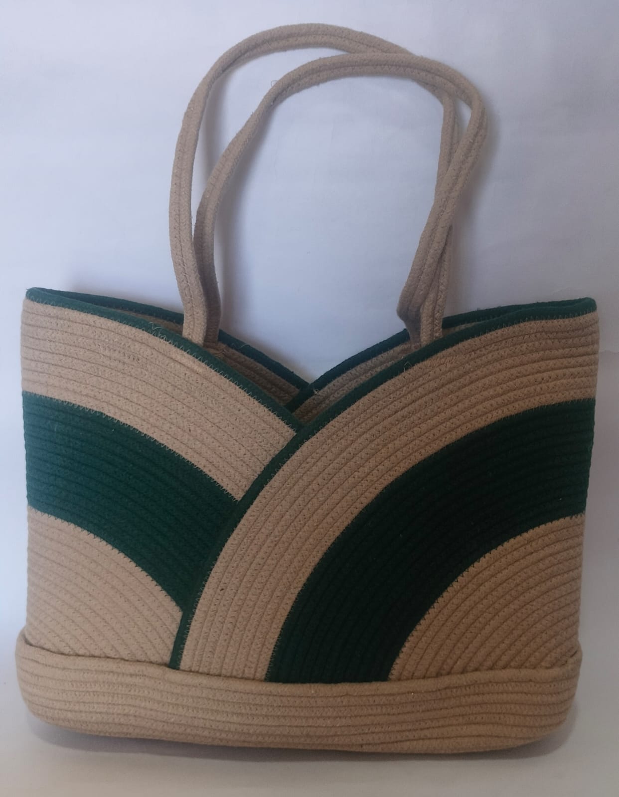Beige & Forest Arc Cotton Rope Combo – Elegant Tote & Half-Moon Clutch Set