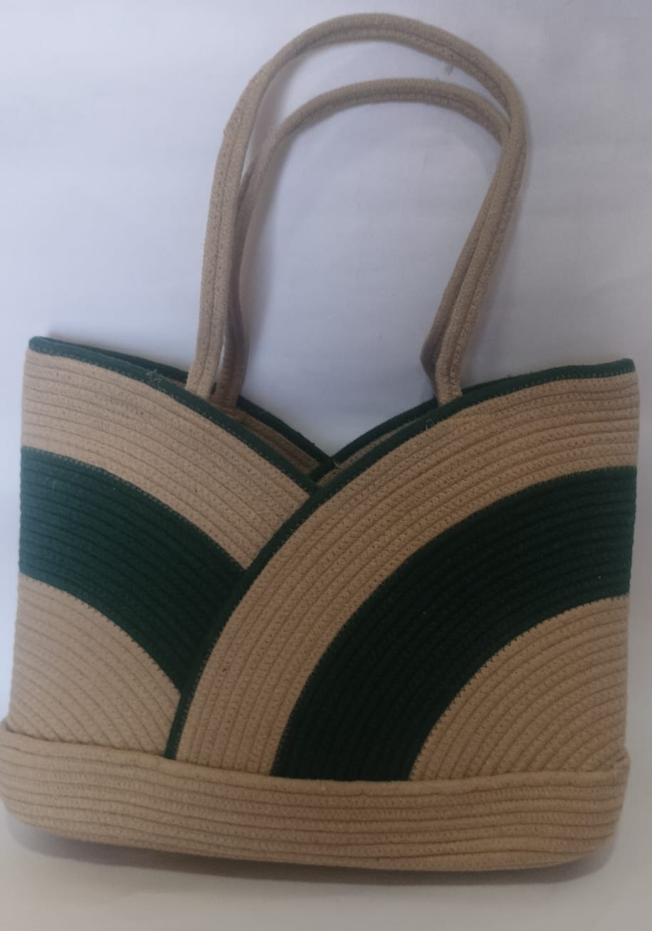 Beige & Forest Arc Cotton Rope Combo – Elegant Tote & Half-Moon Clutch Set