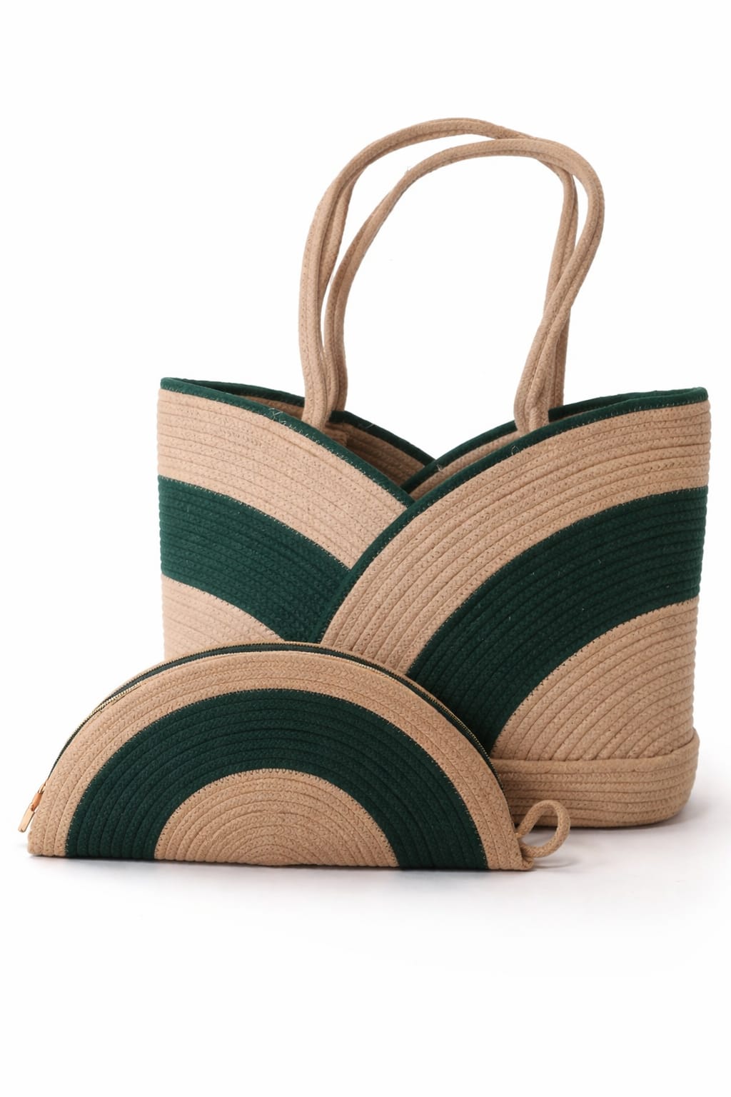Beige & Forest Arc Cotton Rope Combo – Elegant Tote & Half-Moon Clutch Set