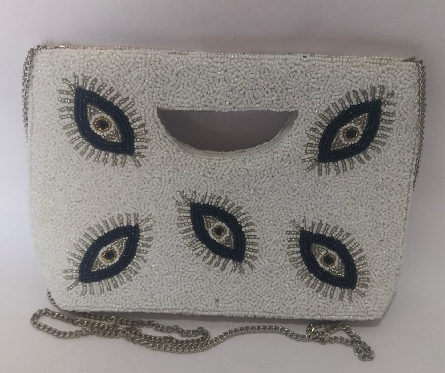 Ivory Evil Eye Beaded Clutch with Silver Chain – Statement Evening Bag
