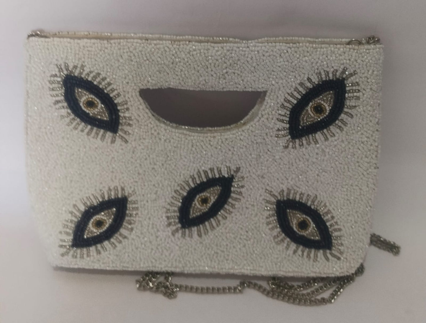 Ivory Evil Eye Beaded Clutch with Silver Chain – Statement Evening Bag