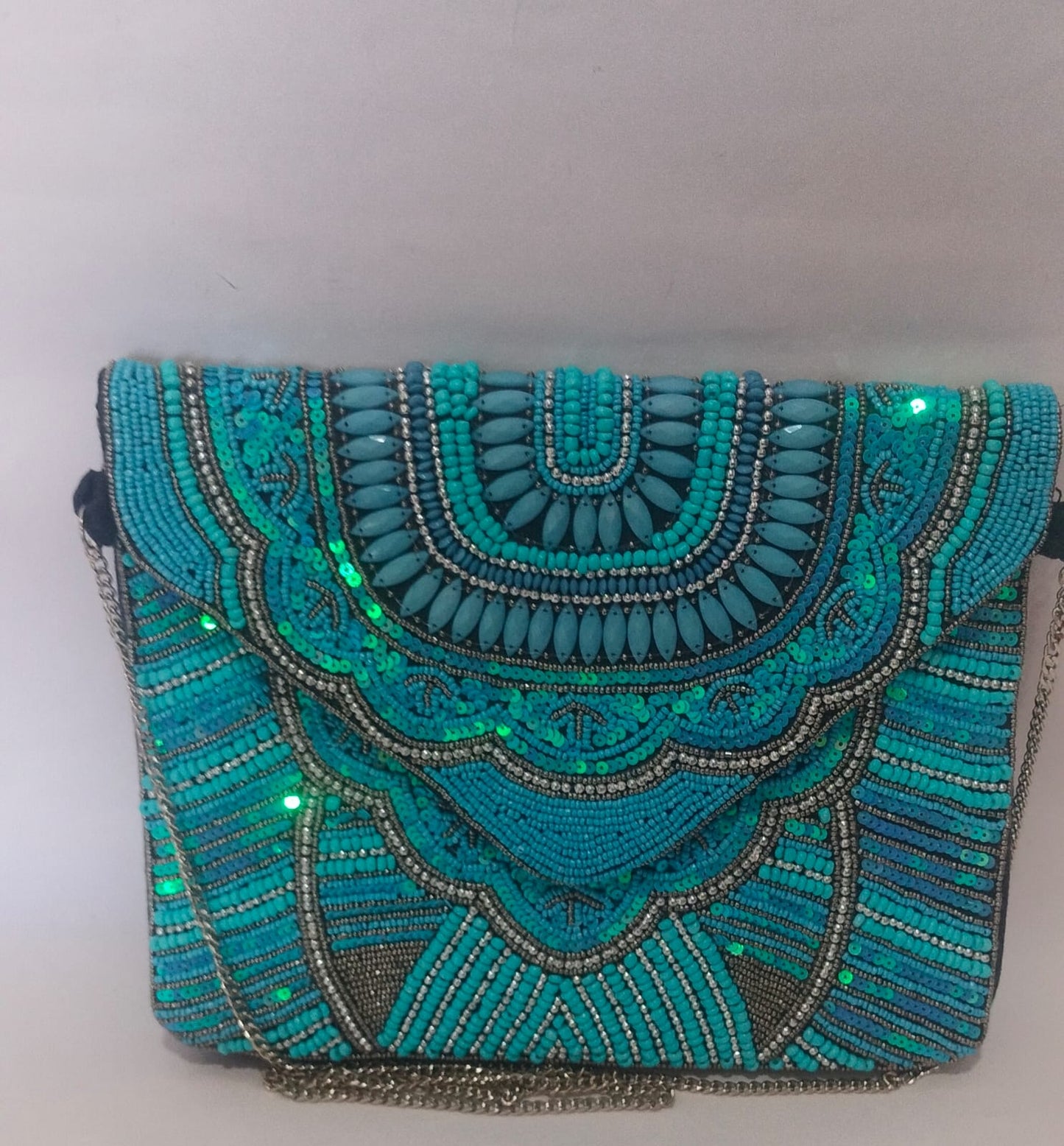 Turquoise Beaded Canvas Clutch with Silver Chain – Sleek Compact Statement Bag
