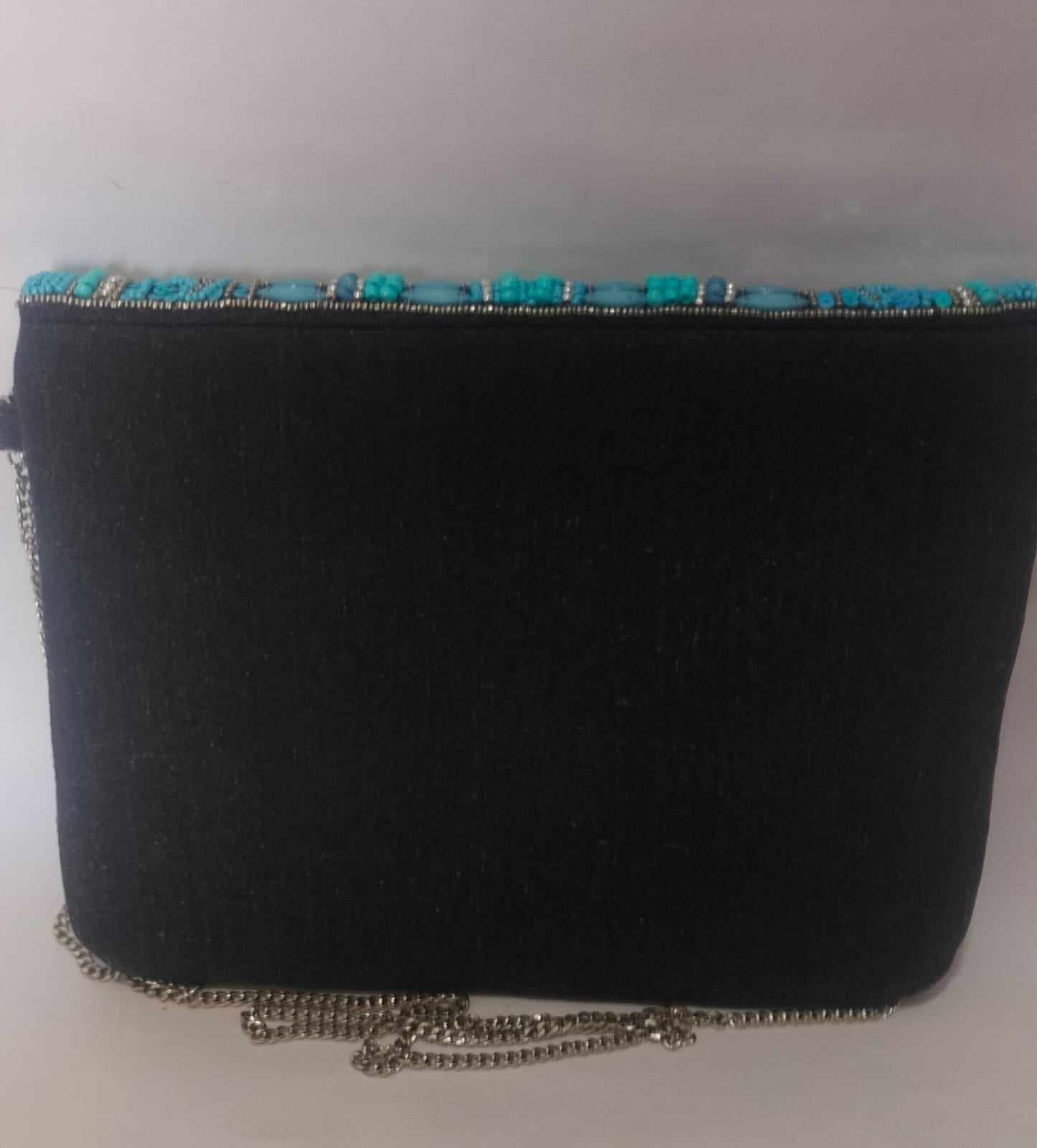 Turquoise Beaded Canvas Clutch with Silver Chain – Sleek Compact Statement Bag