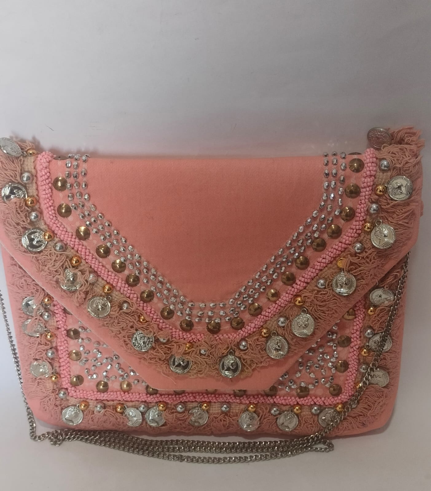 Peach Boho Luxe Beaded Canvas Sling Bag – Statement Edition