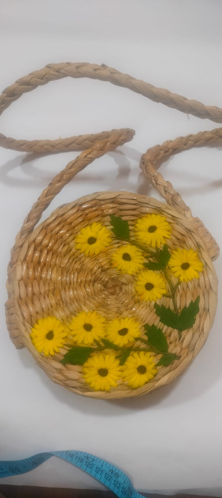 Round Manipuri Floral Handwoven Kauna Grass Sling Bag – Natural Handmade Crossbody with Yellow Flower Embroidery