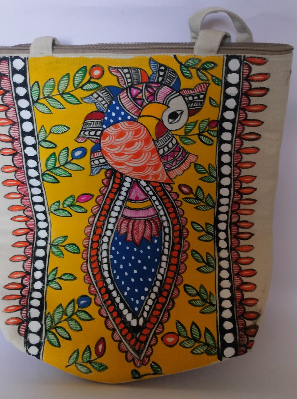 Big Madhubani Peacock Handpainted Canvas Tote Bag – Large Boho Shoulder Bag for Shopping & Outings