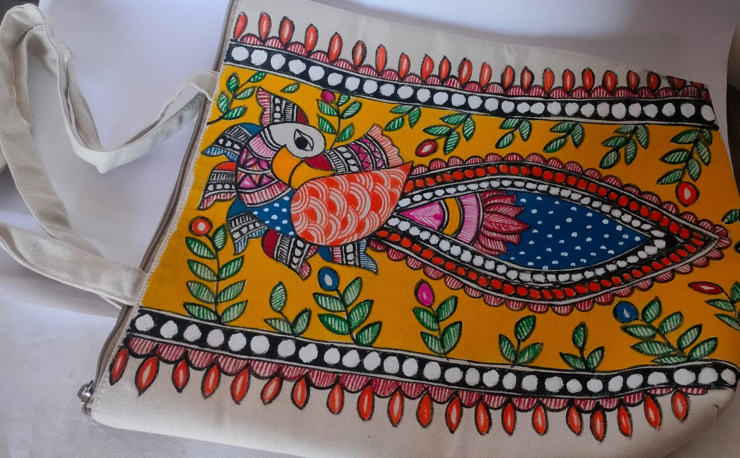 Big Madhubani Peacock Handpainted Canvas Tote Bag – Large Boho Shoulder Bag for Shopping & Outings