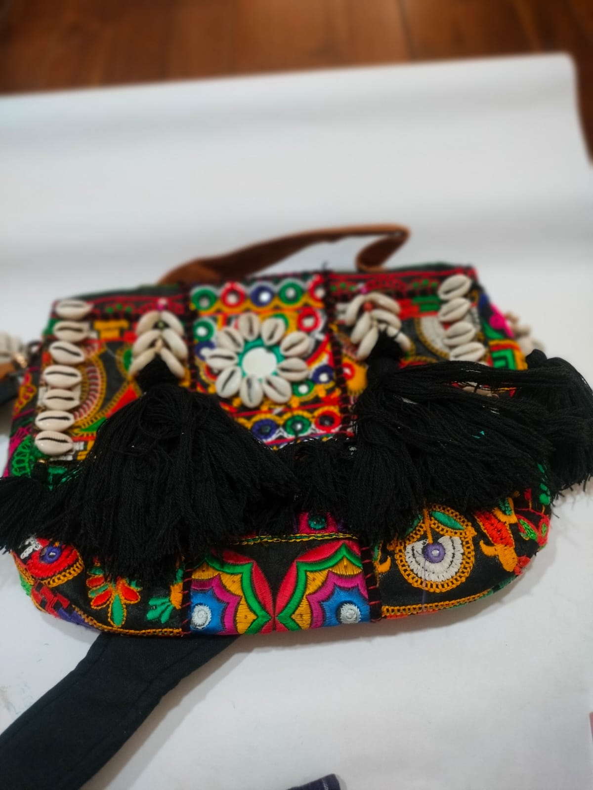 Black Royal Patchwork Embroidered Sling Bag with Shells, Mirror & Black Tassels
