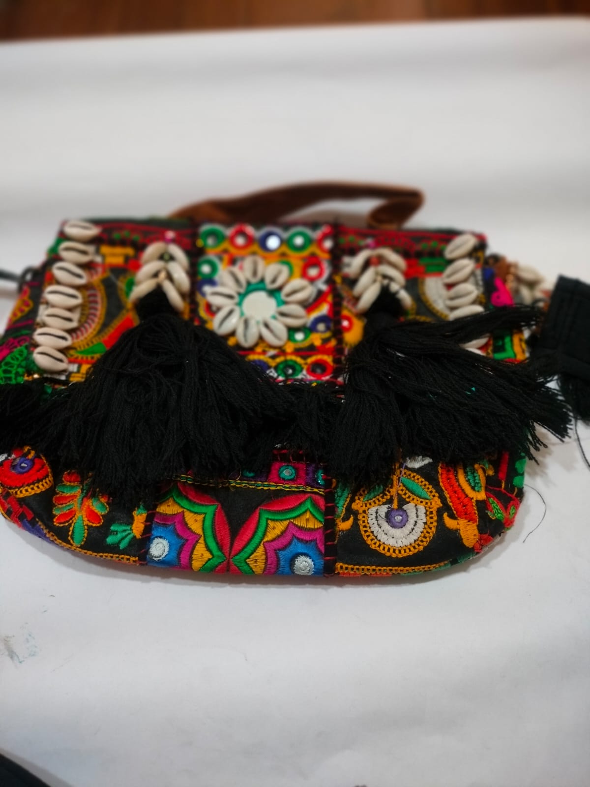 Black Royal Patchwork Embroidered Sling Bag with Shells, Mirror & Black Tassels