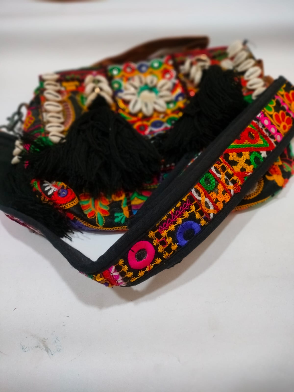 Black Royal Patchwork Embroidered Sling Bag with Shells, Mirror & Black Tassels