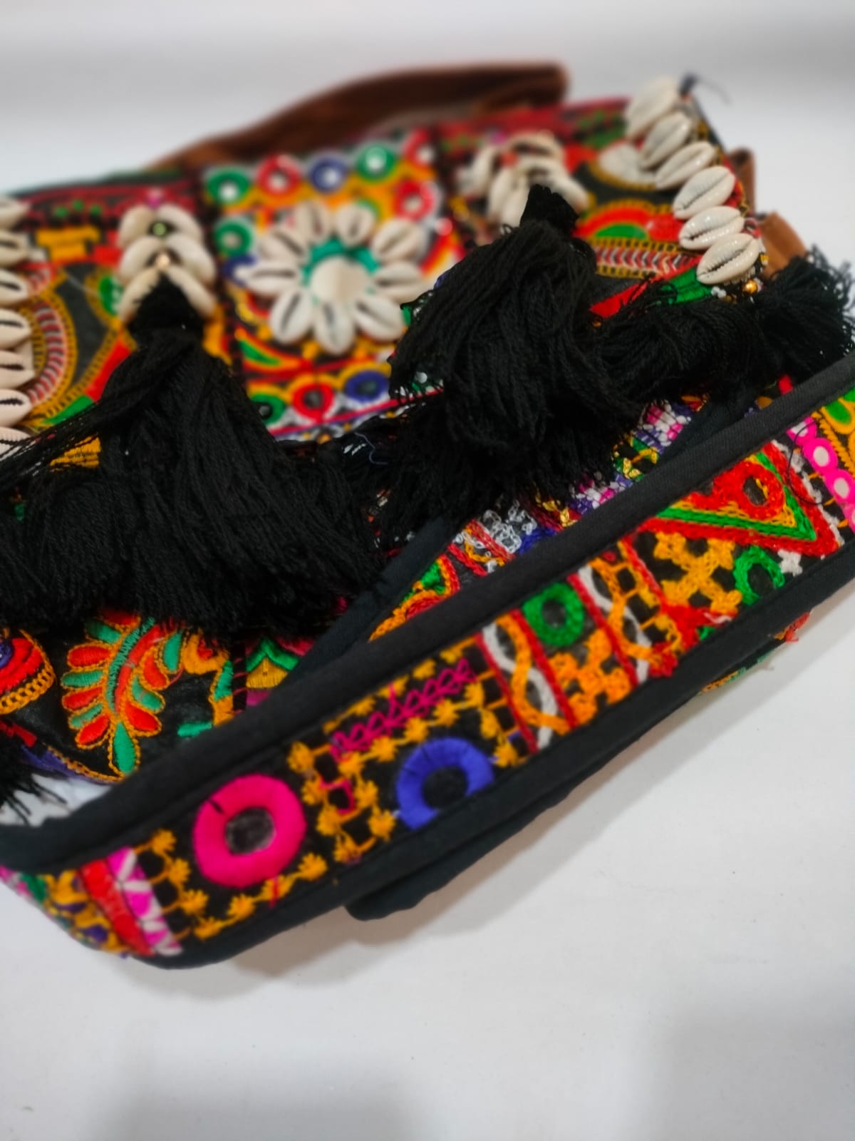 Black Royal Patchwork Embroidered Sling Bag with Shells, Mirror & Black Tassels