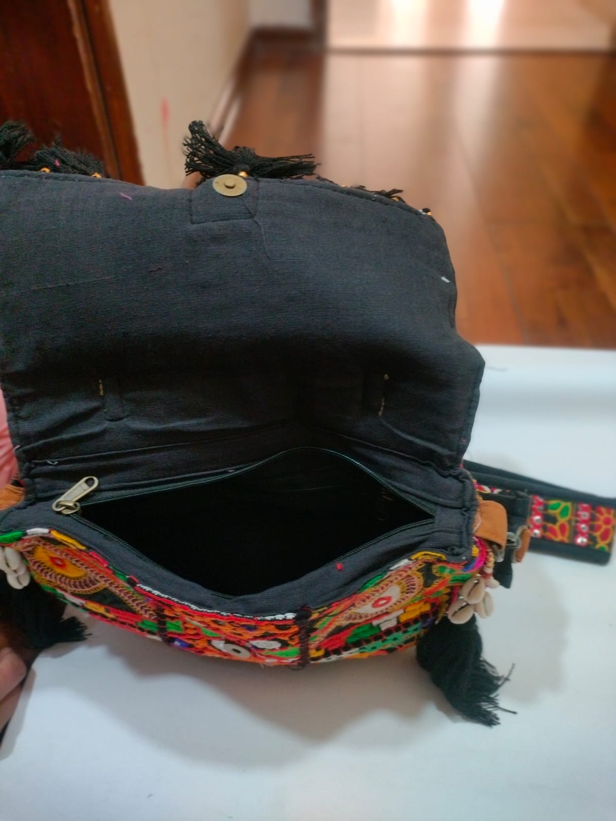 Black Royal Patchwork Embroidered Sling Bag with Shells, Mirror & Black Tassels