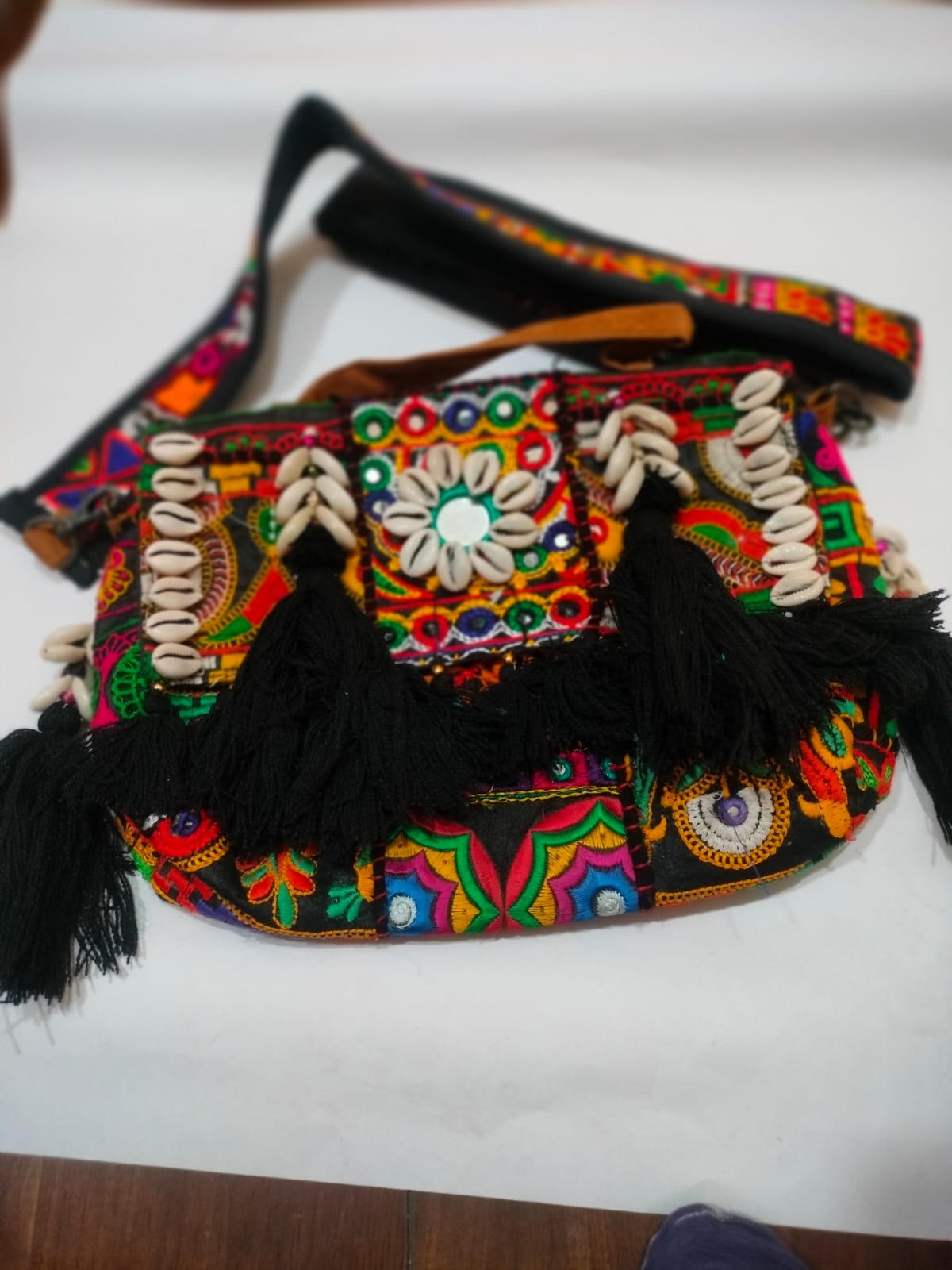 Black Royal Patchwork Embroidered Sling Bag with Shells, Mirror & Black Tassels