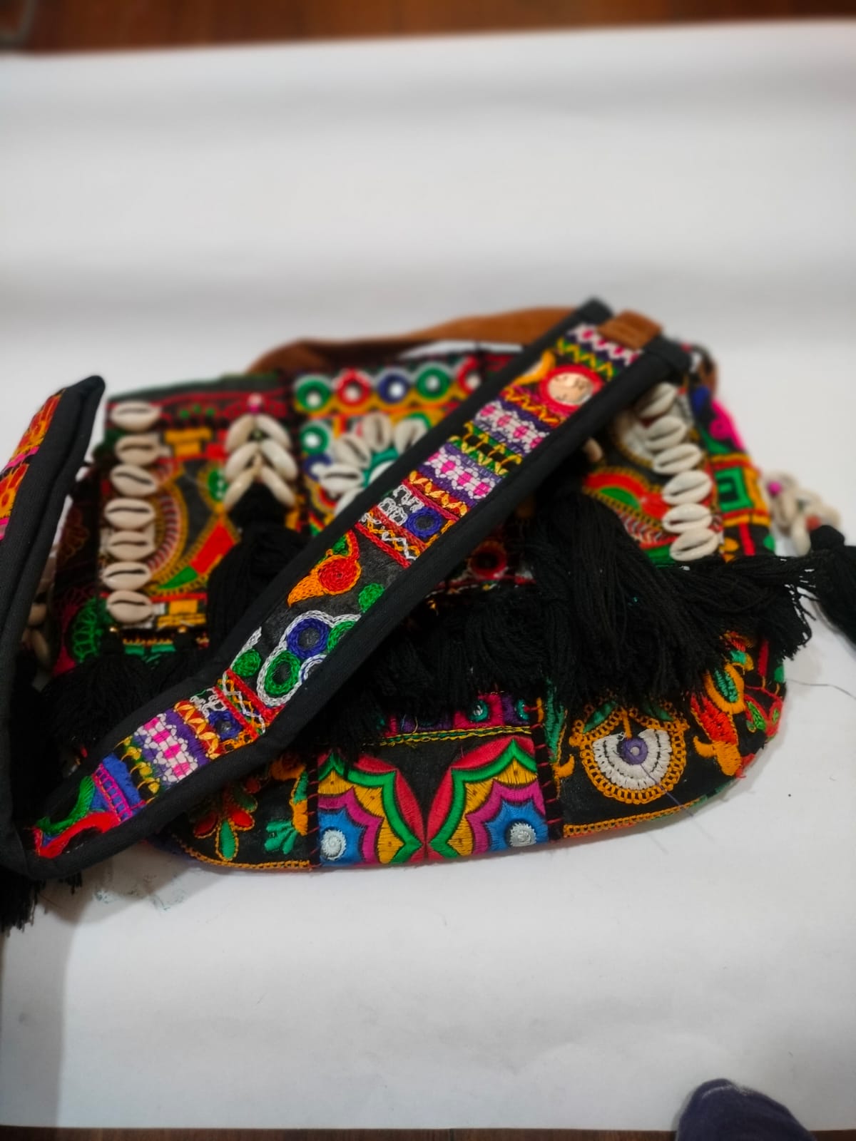 Black Royal Patchwork Embroidered Sling Bag with Shells, Mirror & Black Tassels