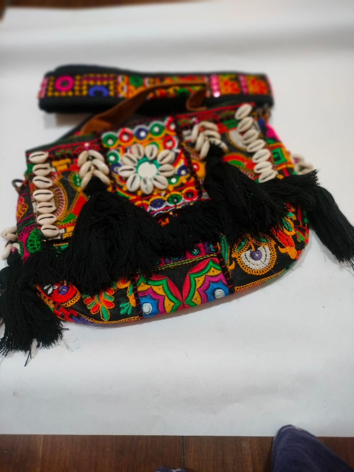 Black Royal Patchwork Embroidered Sling Bag with Shells, Mirror & Black Tassels