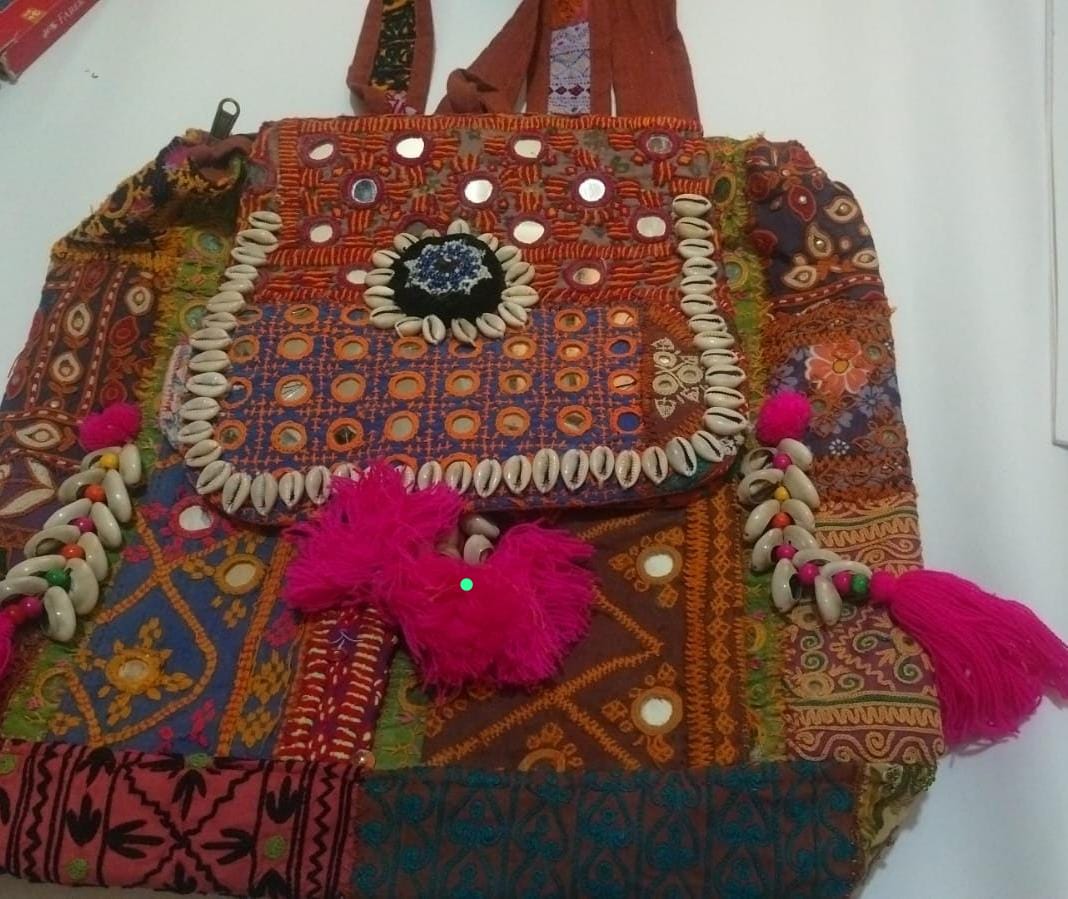 Mirror Patchwork Embroidered Shoulder Bag – Orange & Pink with Cowrie Shells | 15×16″