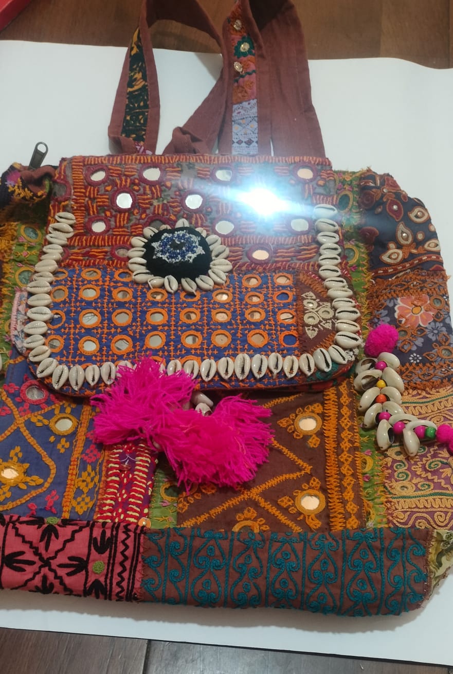 Mirror Patchwork Embroidered Shoulder Bag – Orange & Pink with Cowrie Shells | 15×16″