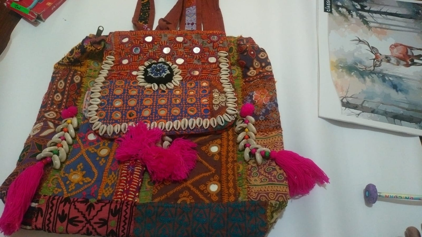 Mirror Patchwork Embroidered Shoulder Bag – Orange & Pink with Cowrie Shells | 15×16″