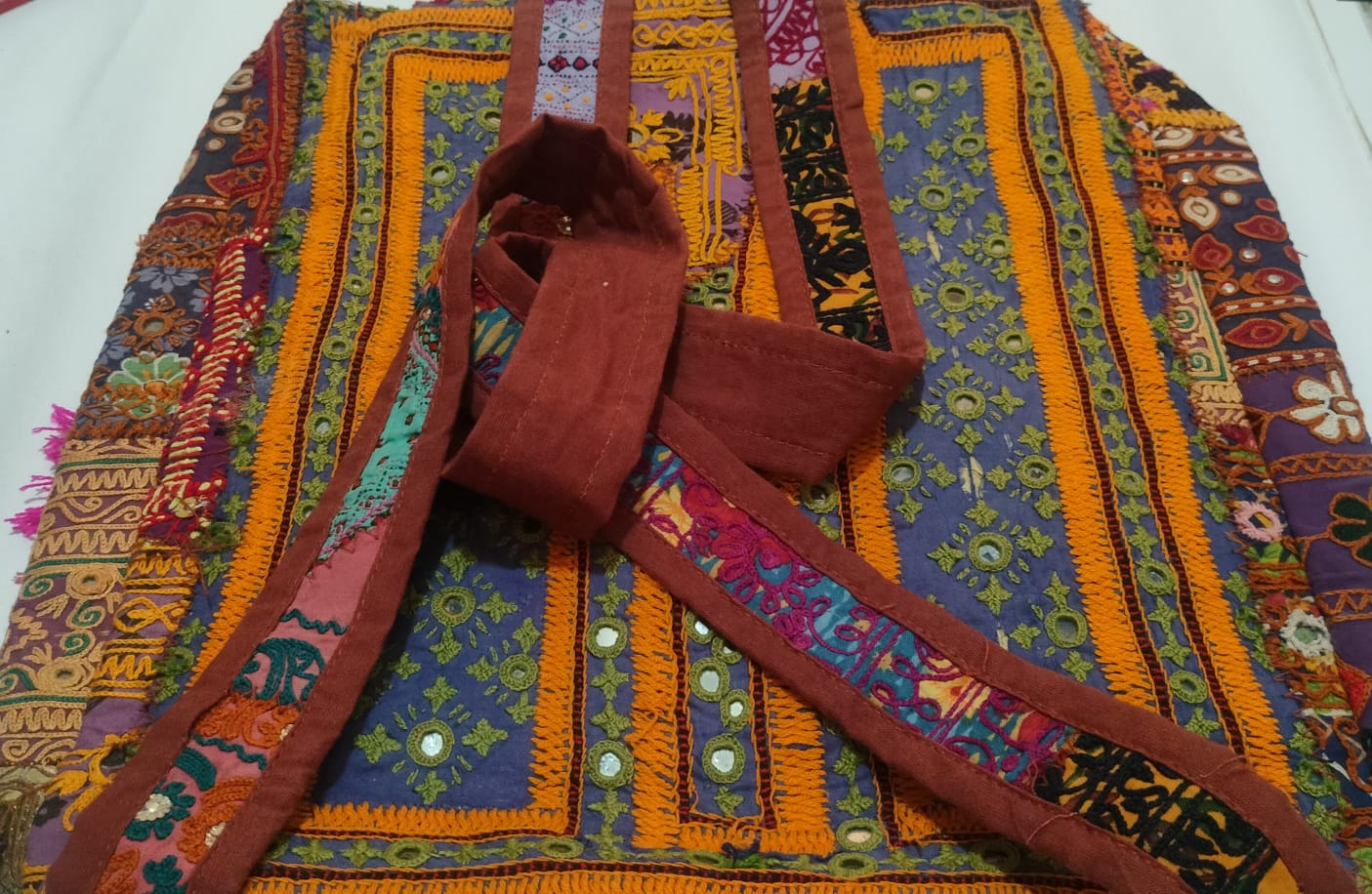 Mirror Patchwork Embroidered Shoulder Bag – Orange & Pink with Cowrie Shells | 15×16″